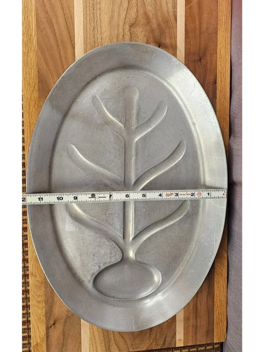 Oval Aluminum Meat Serving Platter With Tree Design Vintage Carving Tray 16